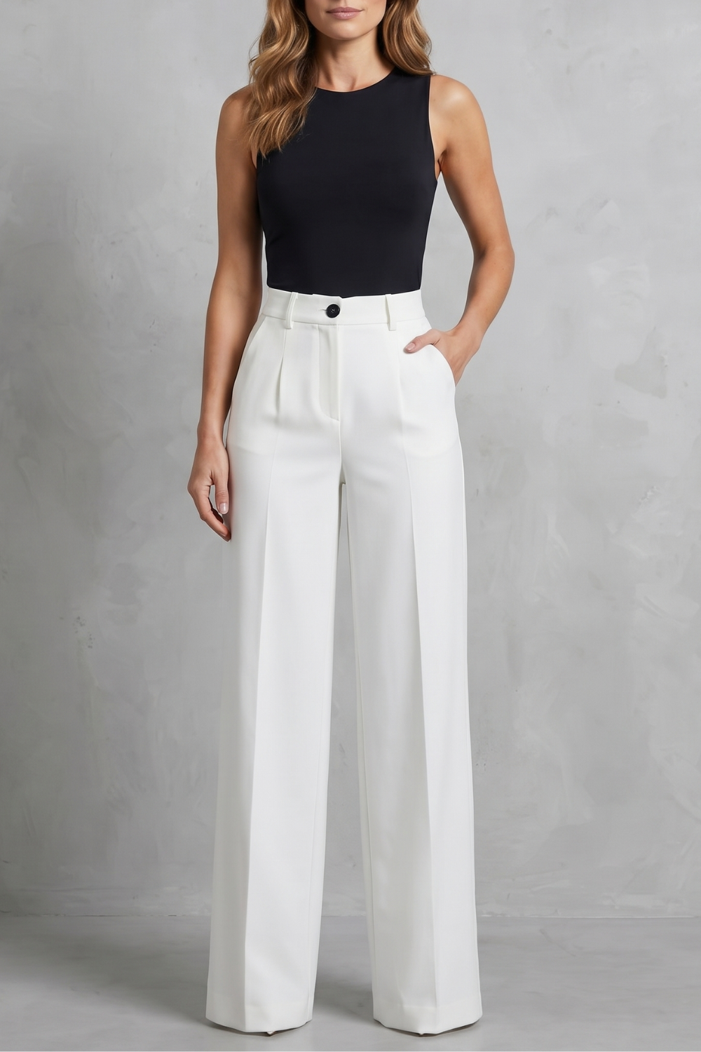 Pantalon Large Femme Elozane – Blanc, Plissé, Taille Haute