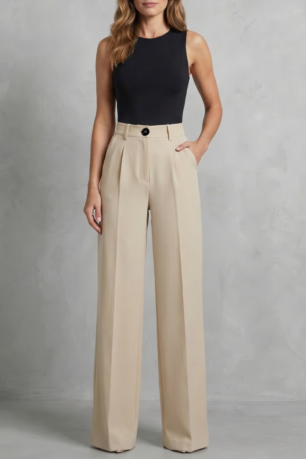 Pantalon Large Femme Elozane – Blanc, Plissé, Taille Haute
