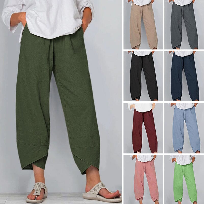 Belythia - Pantalon femme vintage asymétrique taille haute fluide avec poches
