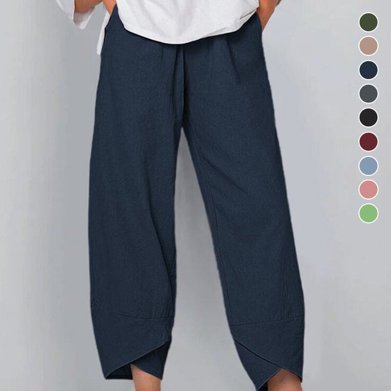 Belythia - Pantalon femme vintage asymétrique taille haute fluide avec poches