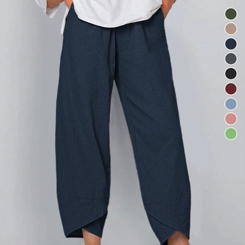 Belythia - Pantalon femme vintage asymétrique taille haute fluide avec poches