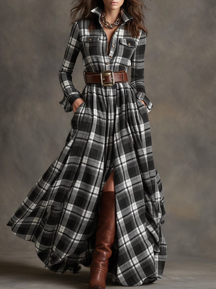 Giulia - Robe longue à carreaux brun rougeâtre avec col et style ethnique rétro
