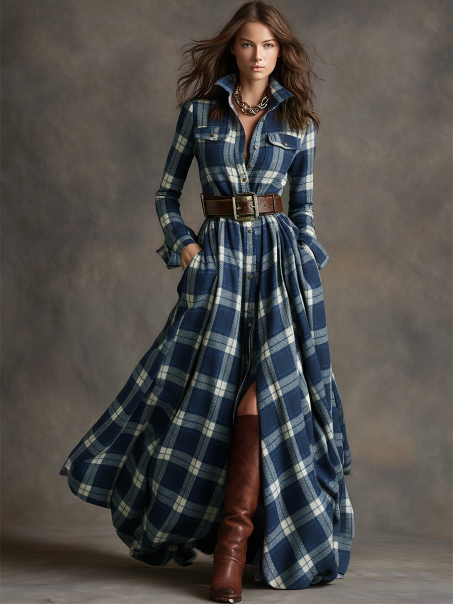 Giulia - Robe longue à carreaux brun rougeâtre avec col et style ethnique rétro