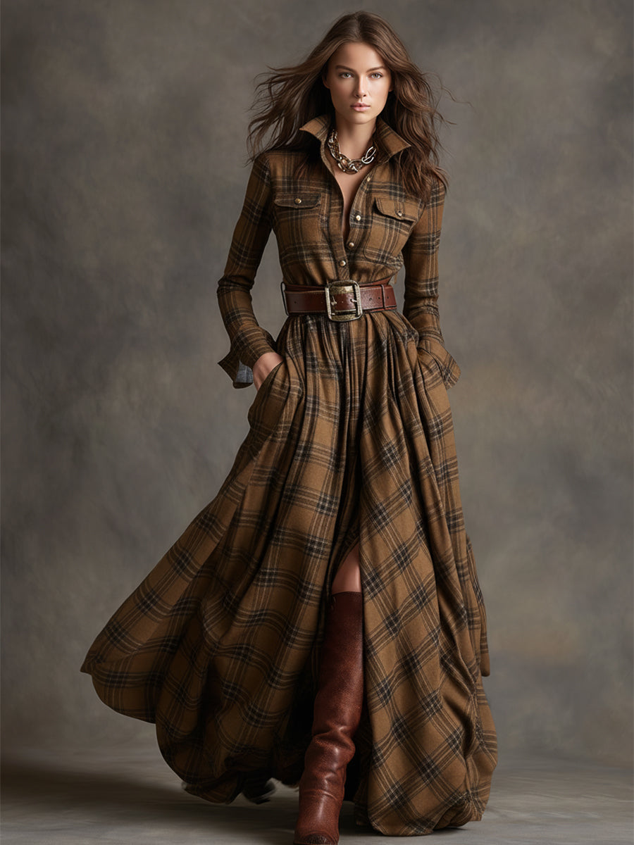Giulia - Robe longue à carreaux brun rougeâtre avec col et style ethnique rétro
