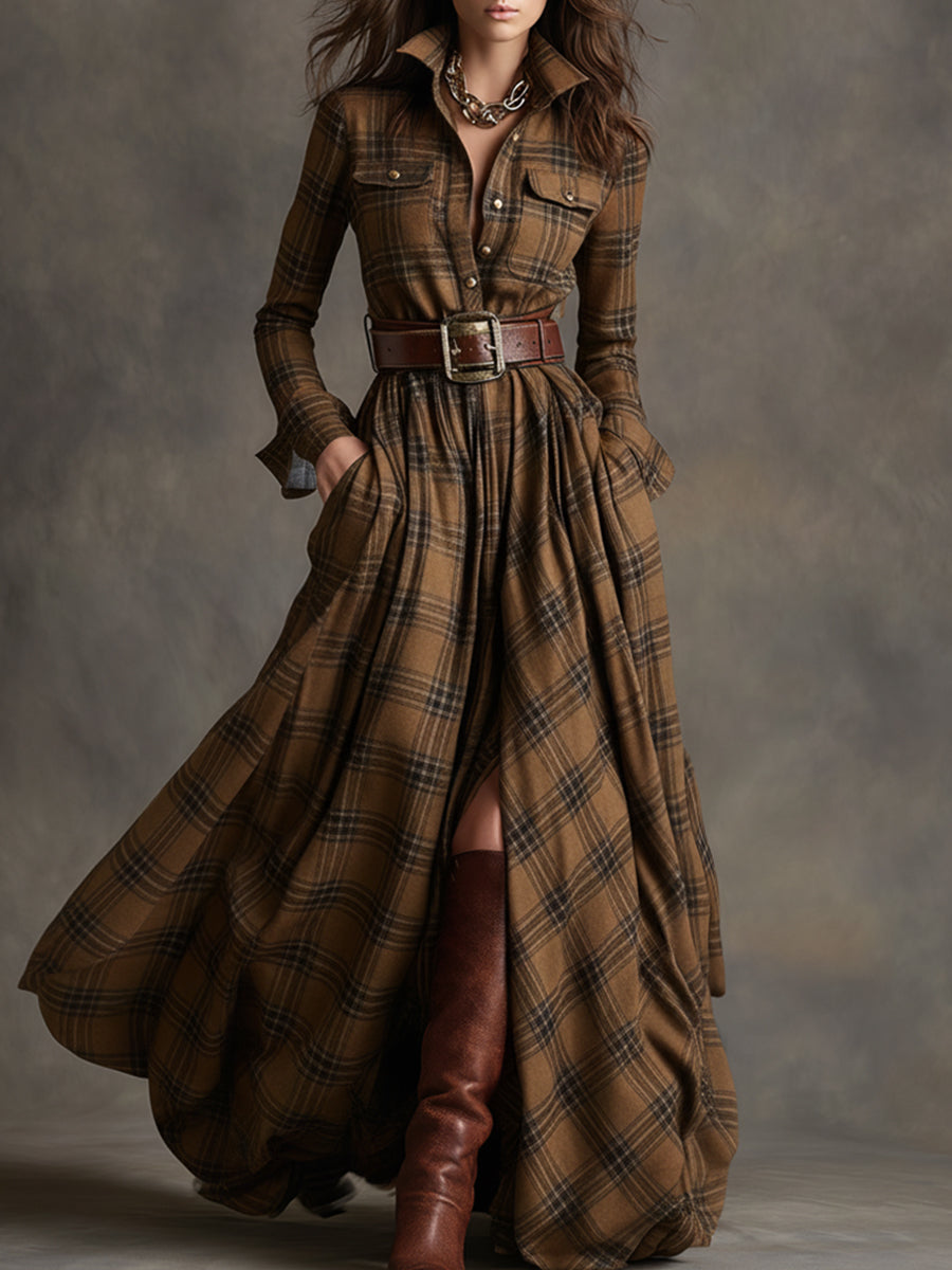 Giulia - Robe longue à carreaux brun rougeâtre avec col et style ethnique rétro