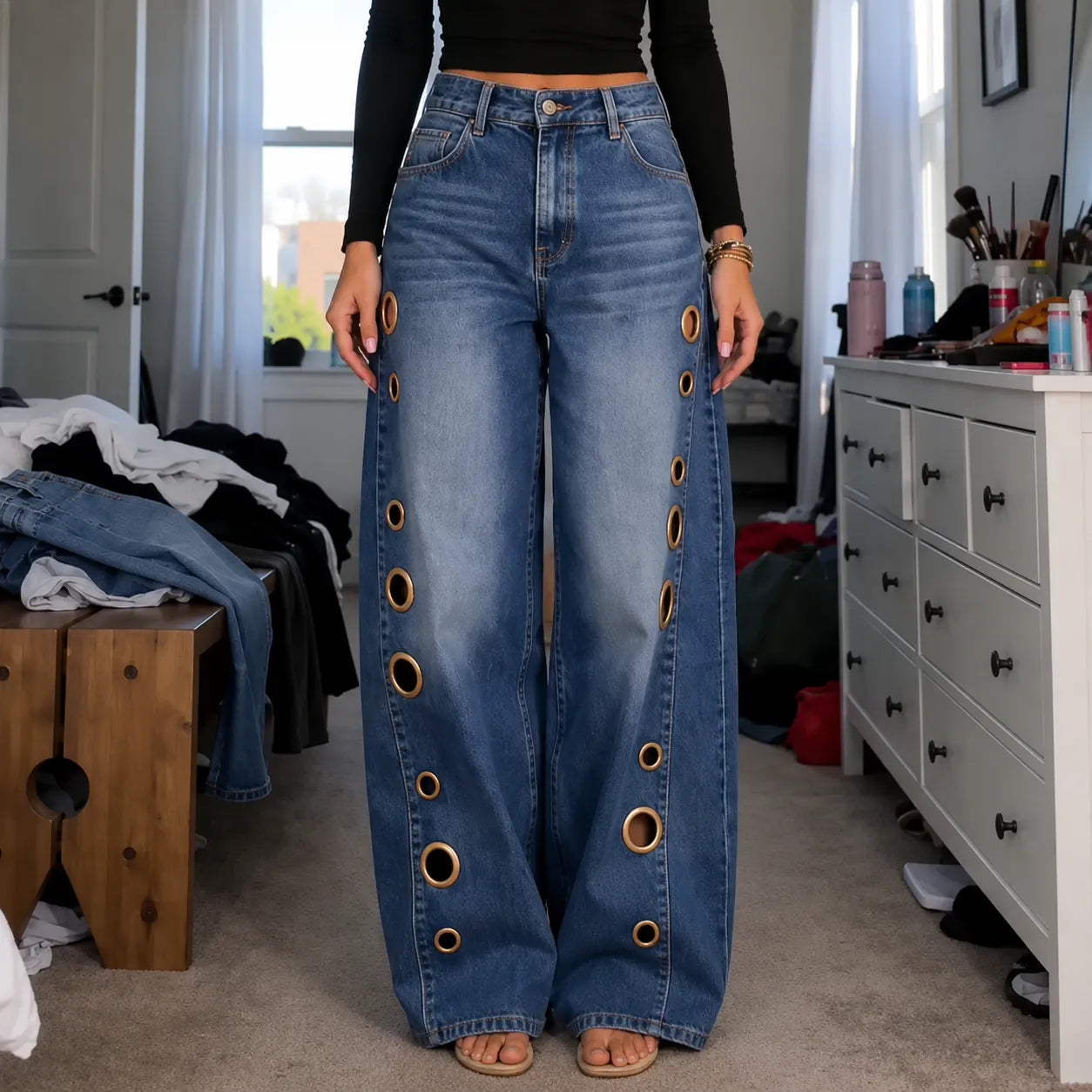 Jean Large Femme Velmora – Bleu, Œillets Laiton, Taille Haute