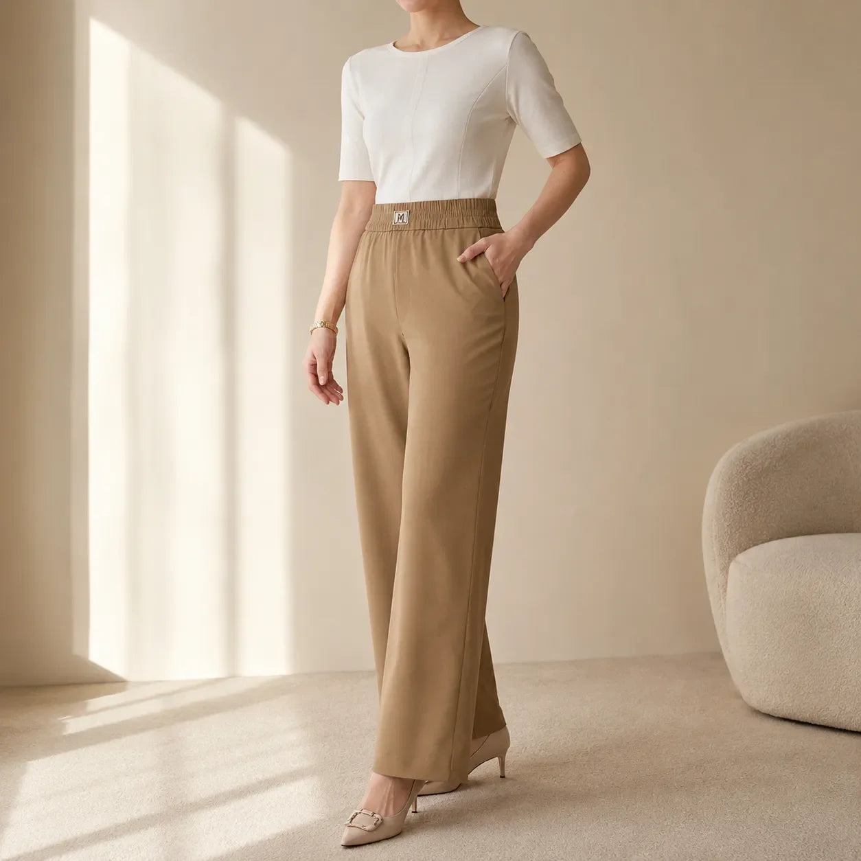 Pantalon Large Femme Velora – Taille Haute, à Enfiler