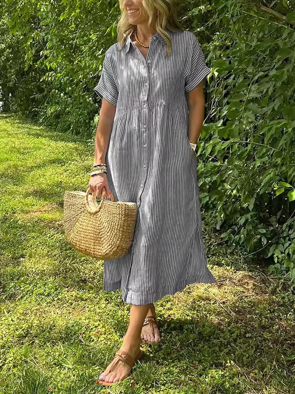 Robe femme maxi fluide boutonnée col rond manches courtes élégante été
