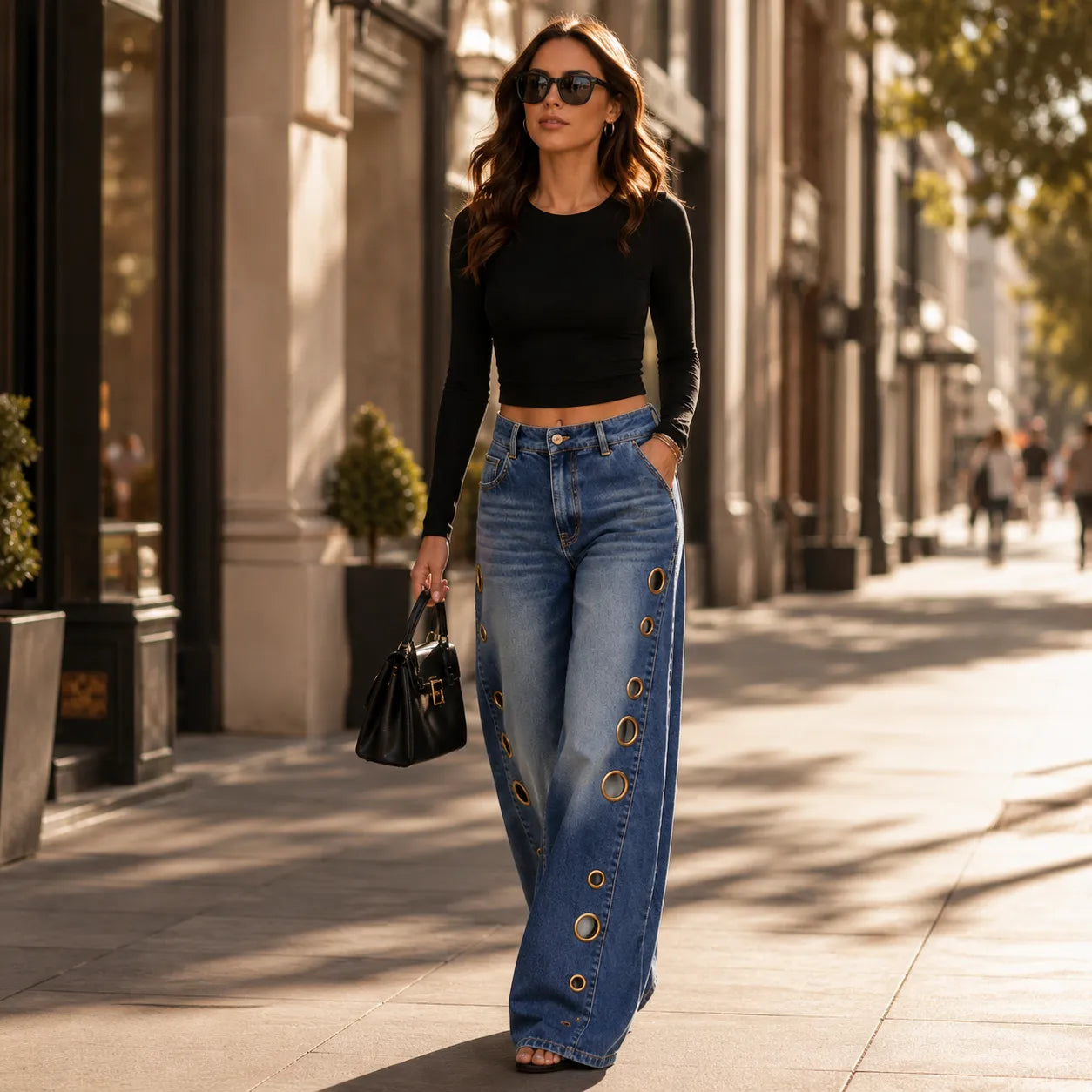 Jean Large Femme Velmora – Bleu, Œillets Laiton, Taille Haute