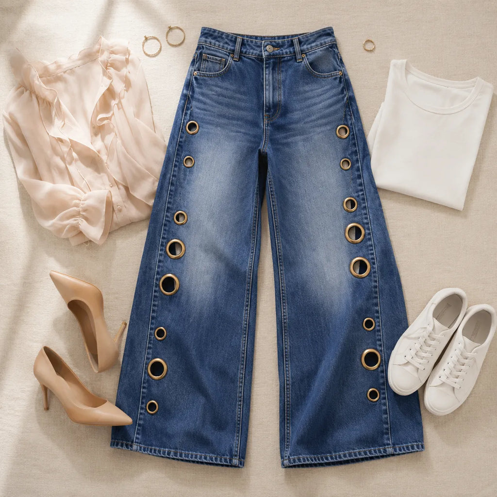 Jean Large Femme Velmora – Bleu, Œillets Laiton, Taille Haute
