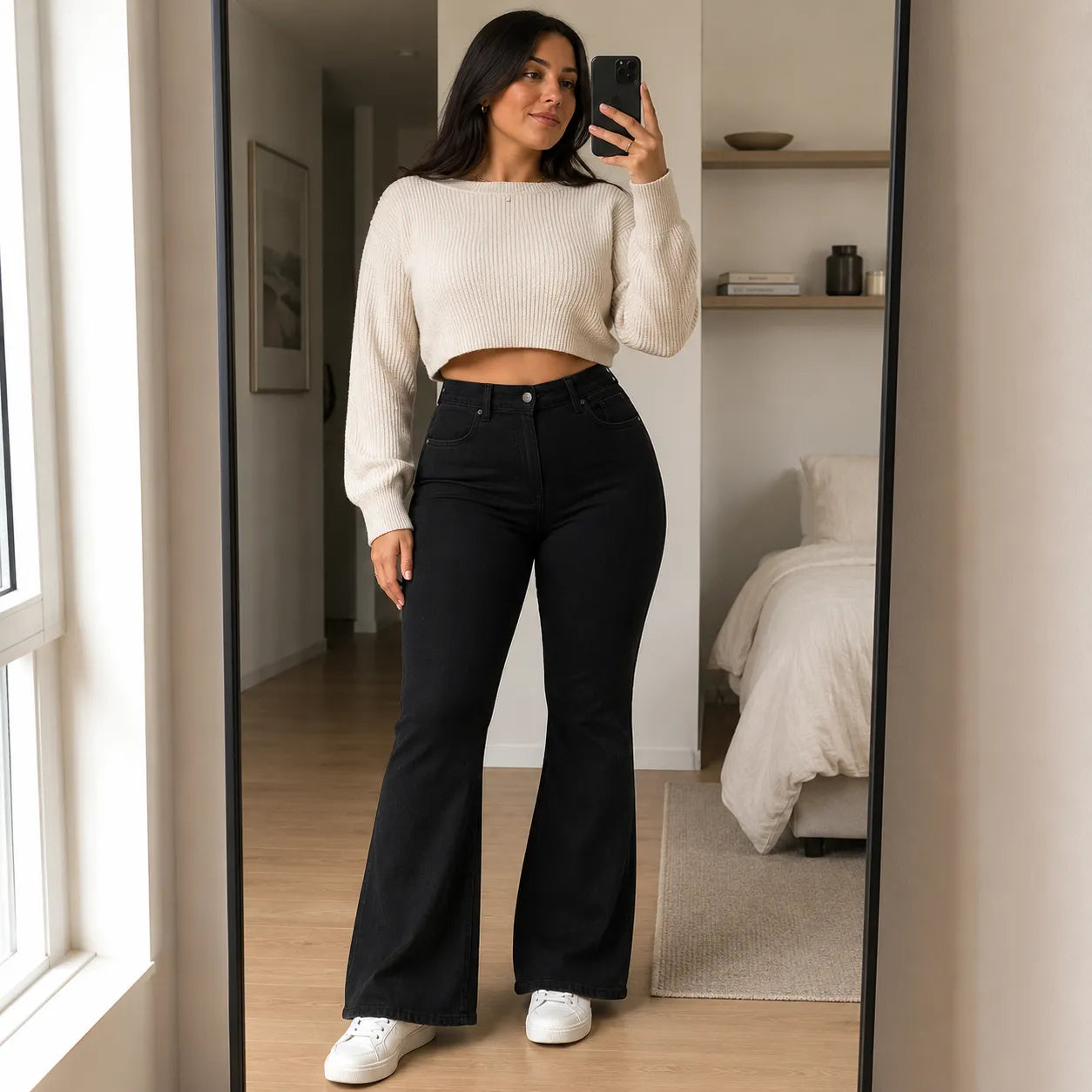 Jean Évasé Femme Curvella – Taille Haute, Coupe Sculptante
