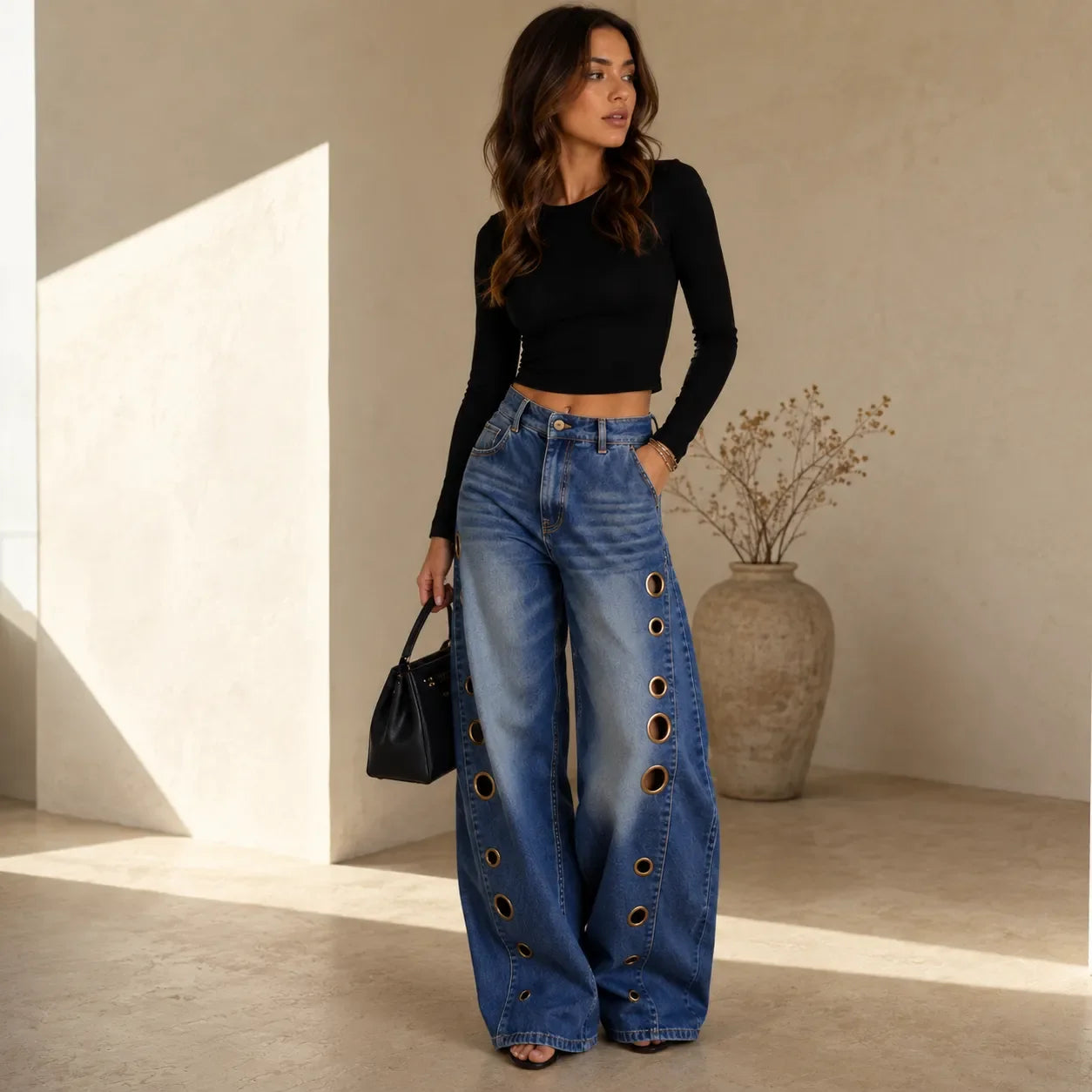 Jean Large Femme Velmora – Bleu, Œillets Laiton, Taille Haute