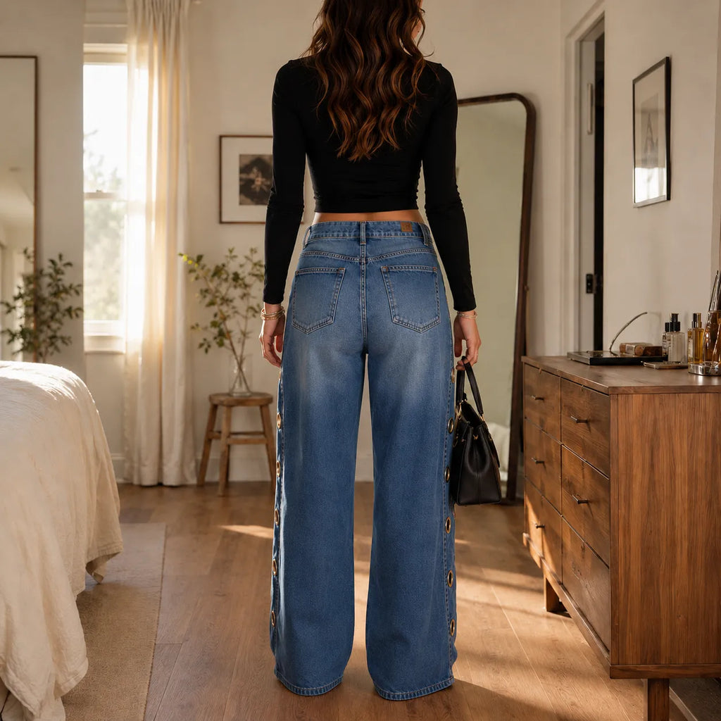 Jean Large Femme Velmora – Bleu, Œillets Laiton, Taille Haute