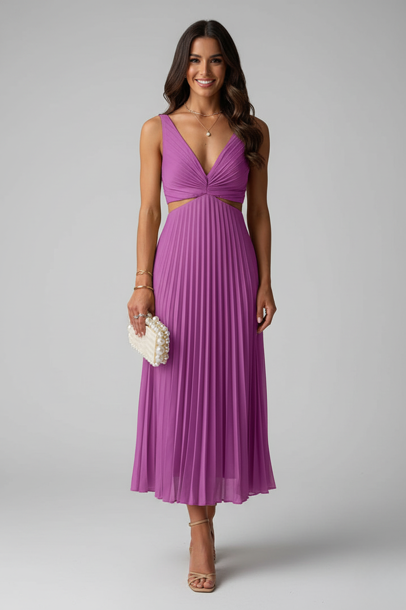 Robe Midi Plissée Élégante pour Invité de Mariage de Luna