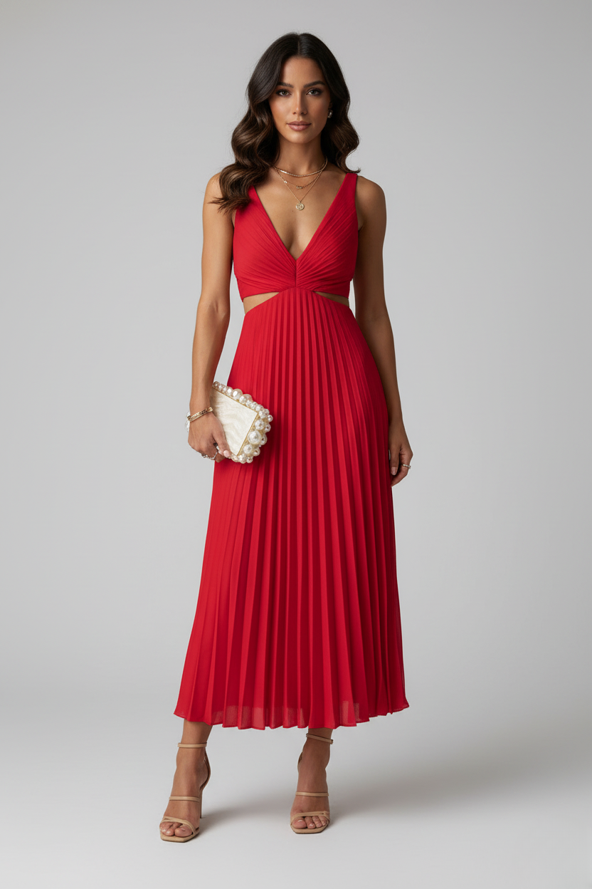 Robe Midi Plissée Élégante pour Invité de Mariage de Luna