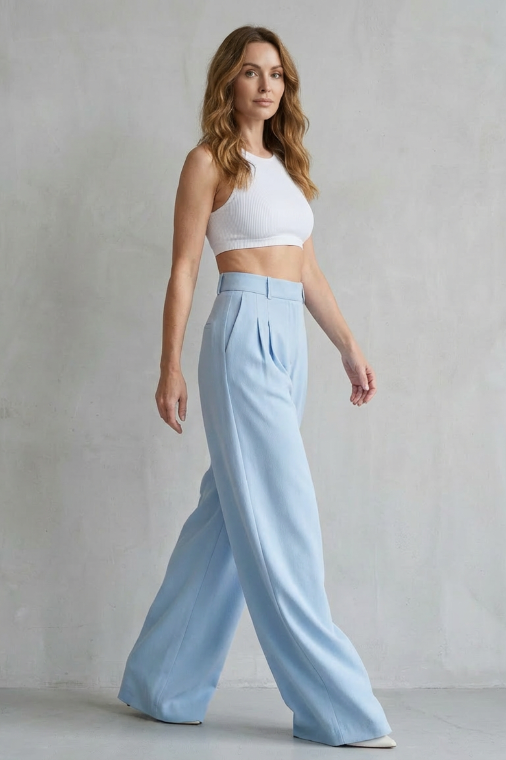 Pantalon Large Femme Lunévia – Bleu Ciel, Taille Haute, Drapé