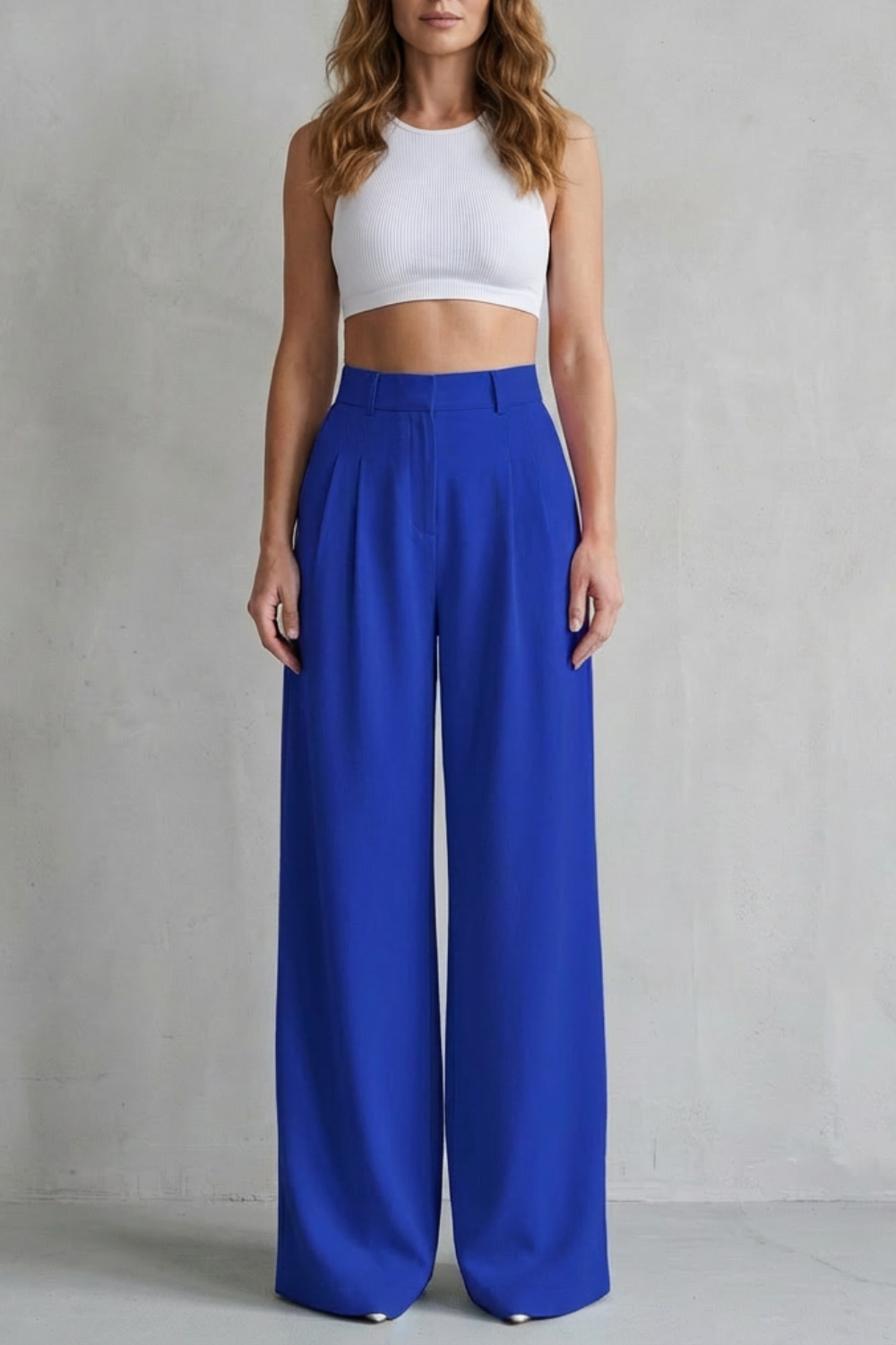 Pantalon Large Femme Lunévia – Bleu Ciel, Taille Haute, Drapé