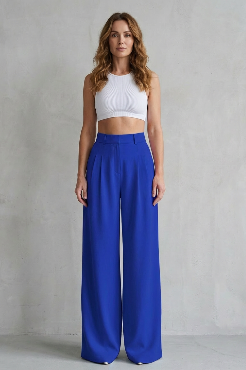Pantalon Large Femme Lunévia – Bleu Ciel, Taille Haute, Drapé