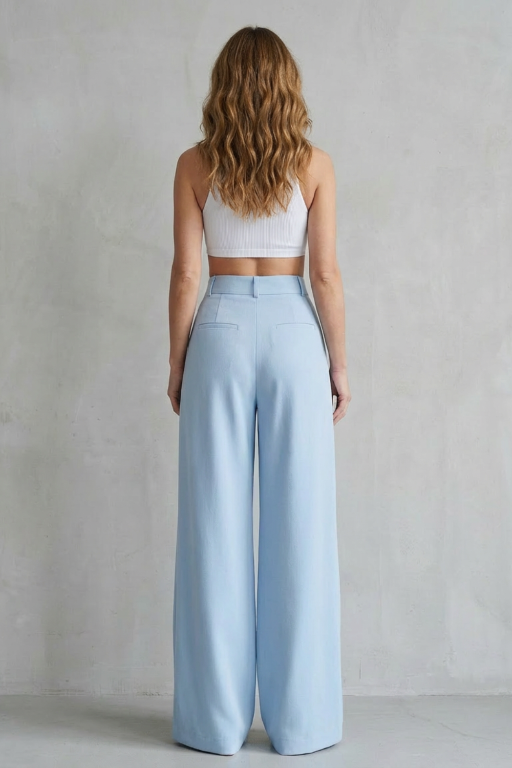 Pantalon Large Femme Lunévia – Bleu Ciel, Taille Haute, Drapé