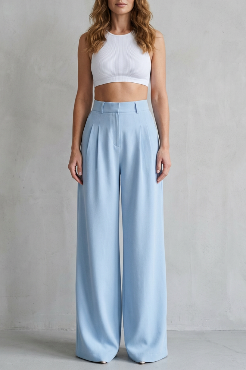 Pantalon Large Femme Lunévia – Bleu Ciel, Taille Haute, Drapé