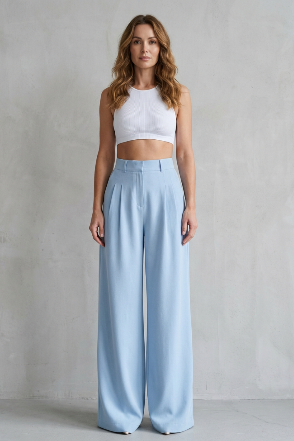 Pantalon Large Femme Lunévia – Bleu Ciel, Taille Haute, Drapé