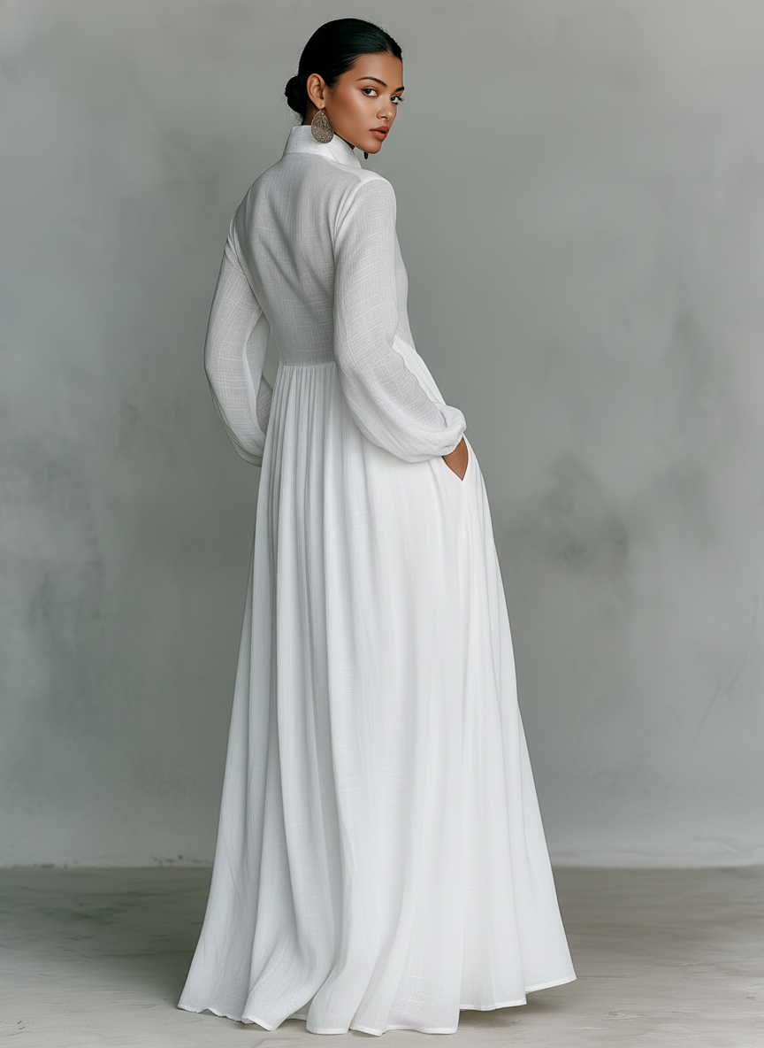 Robe Maxi Minimaliste en Coton et Lin avec Panneaux en Patchwork, Col Montant et Manches Longues
