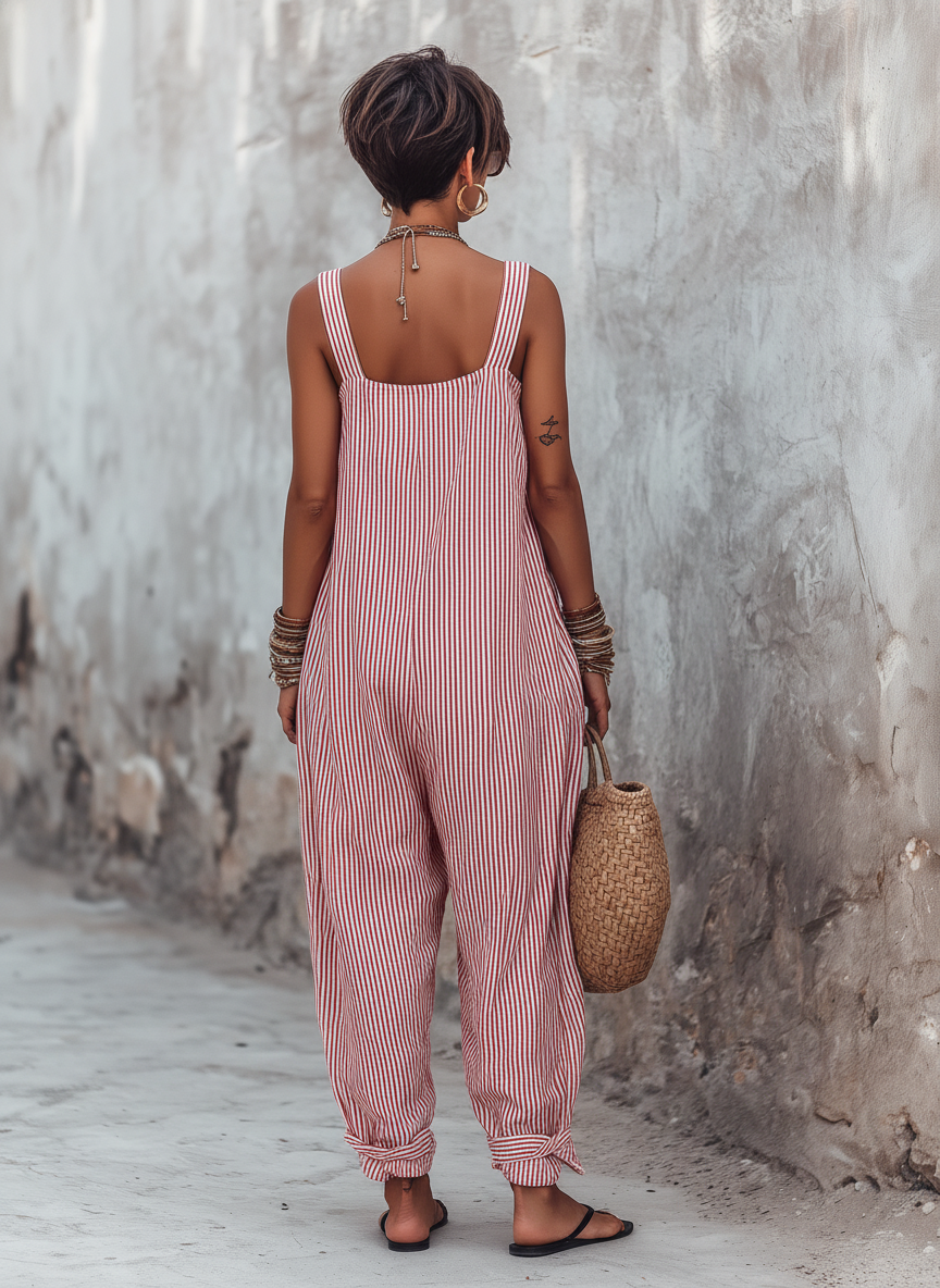 Jumpsuit sans manches à col carré avec des rayures minimalistes et une coupe douce pour femmes