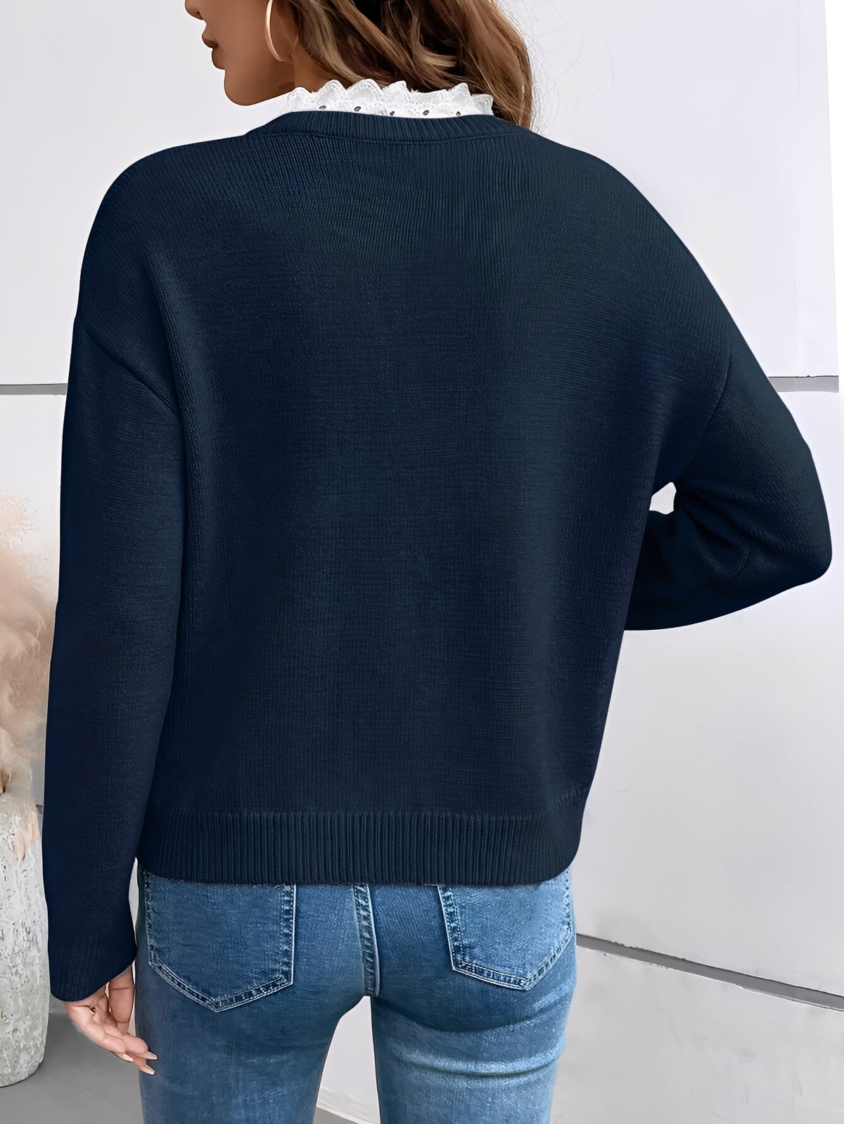 Céline | Pull Tricoté Chic avec Col en Dentelle Élégante
