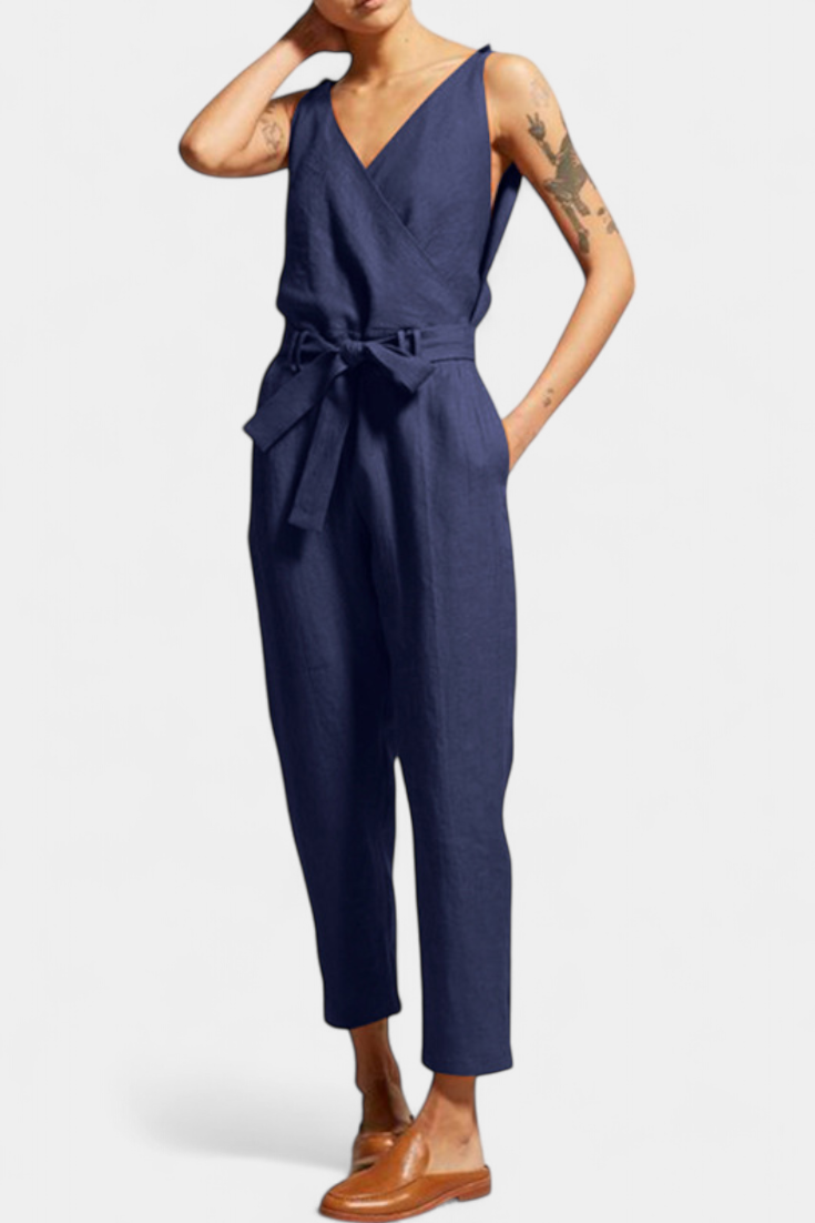 Combinaison Maggie Mono Sans Manches avec Décolleté en V et Taille Croisée en Coton