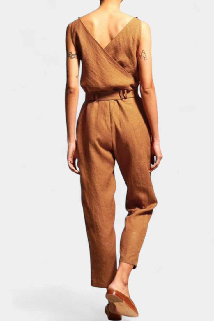 Combinaison Maggie Mono Sans Manches avec Décolleté en V et Taille Croisée en Coton