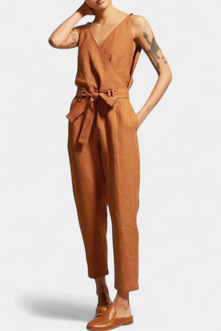 Combinaison Maggie Mono Sans Manches avec Décolleté en V et Taille Croisée en Coton