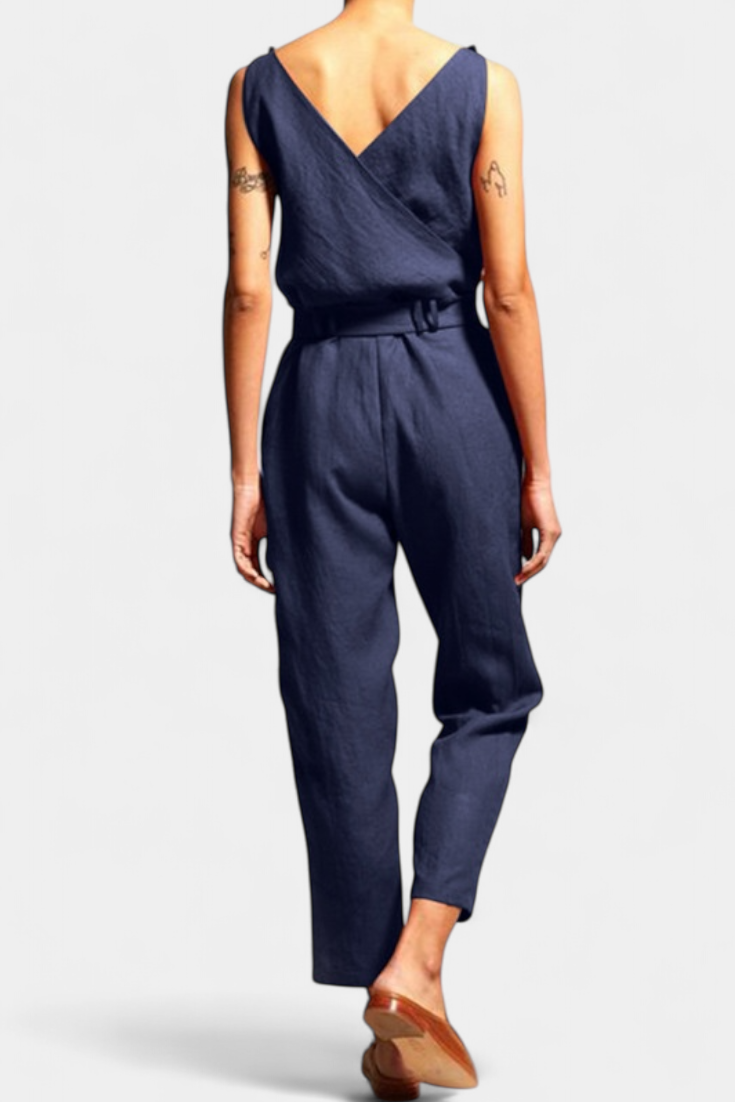 Combinaison Maggie Mono Sans Manches avec Décolleté en V et Taille Croisée en Coton