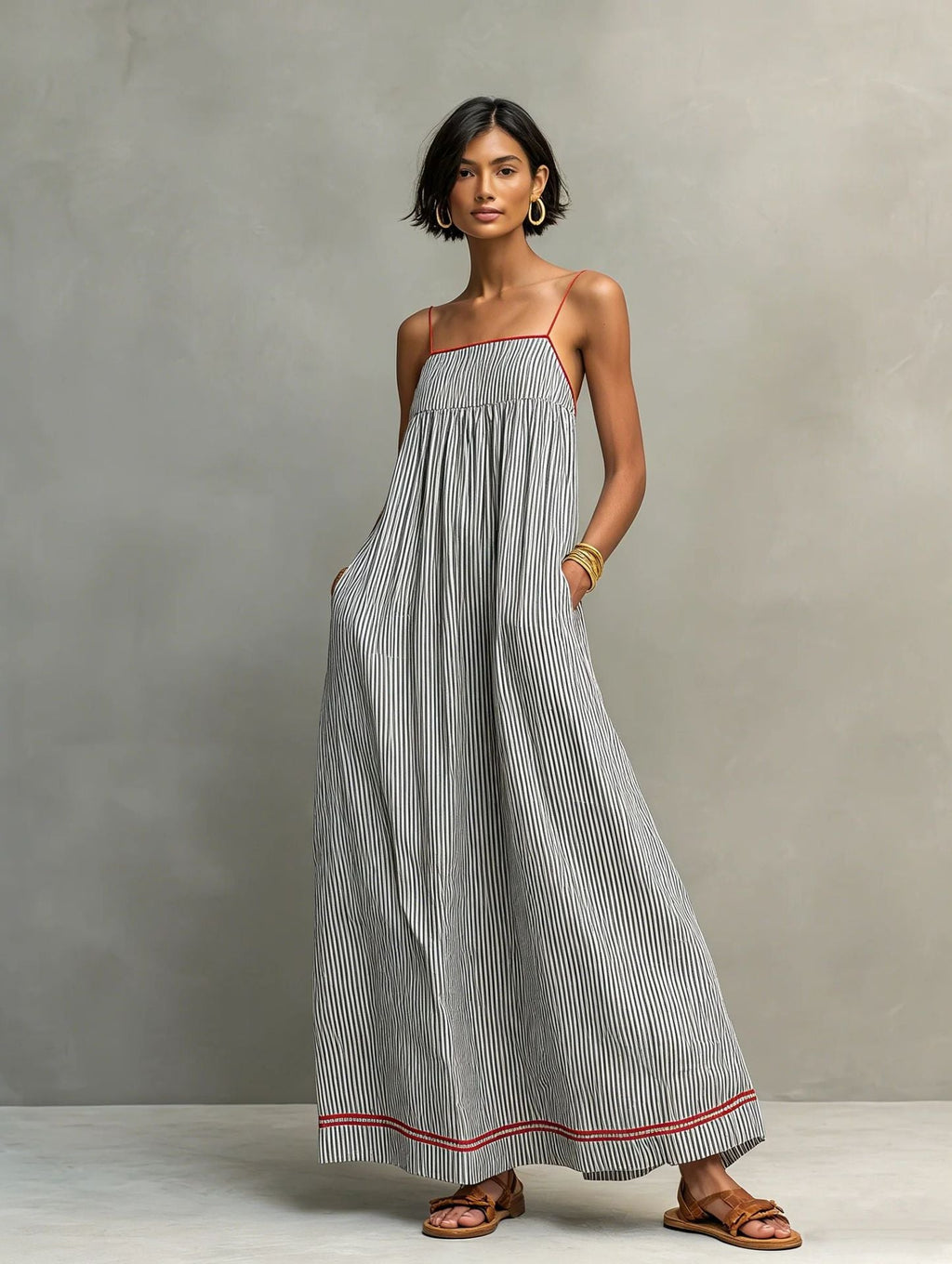 Hyselle - Robe longue femme à fines rayures et bretelles