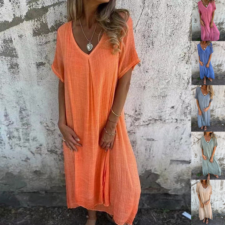 Robe femme ample coton lin col V manches courtes – décontractée été