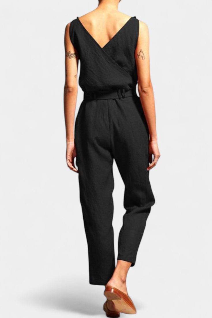 Combinaison Maggie Mono Sans Manches avec Décolleté en V et Taille Croisée en Coton