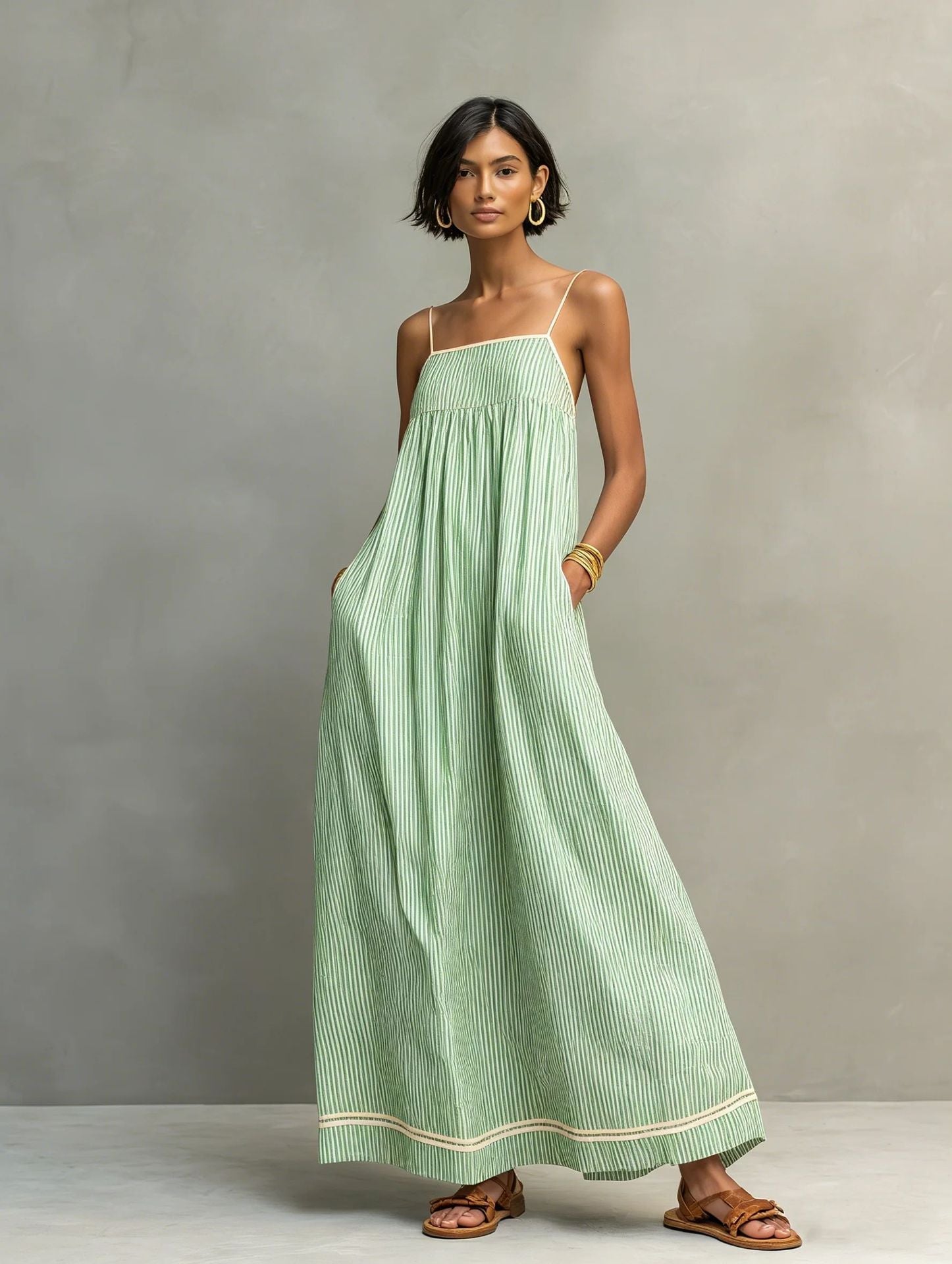 Hyselle - Robe longue femme à fines rayures et bretelles