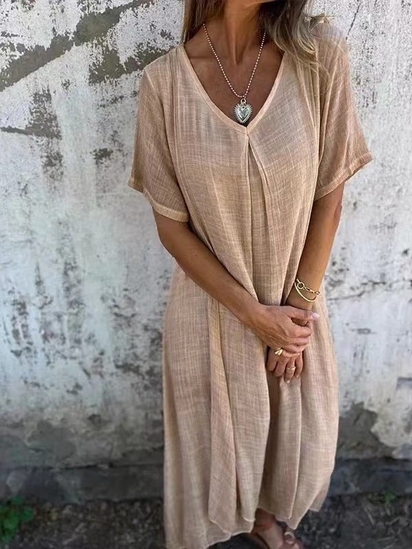 Robe femme ample coton lin col V manches courtes – décontractée été