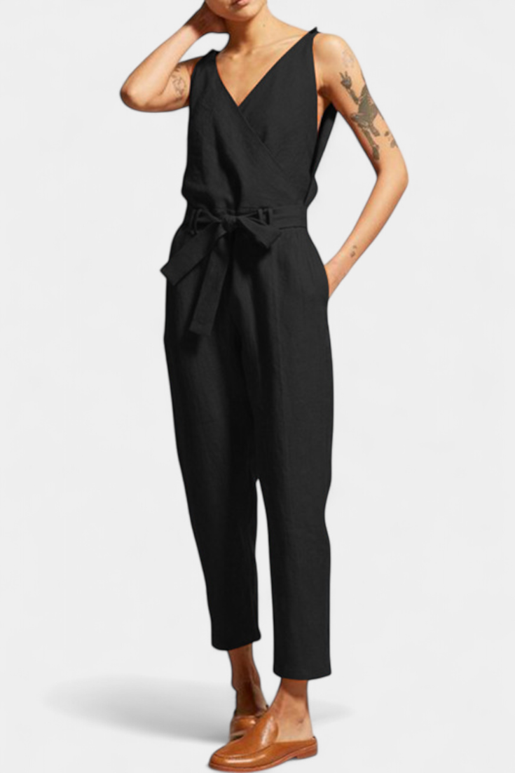 Combinaison Maggie Mono Sans Manches avec Décolleté en V et Taille Croisée en Coton