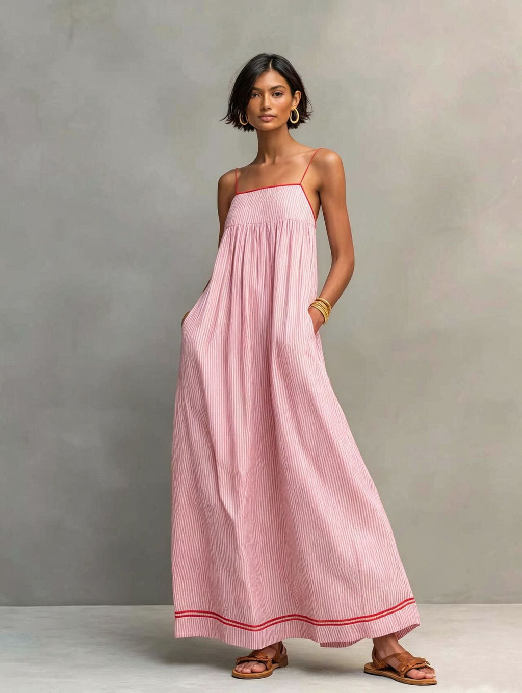 Hyselle - Robe longue femme à fines rayures et bretelles