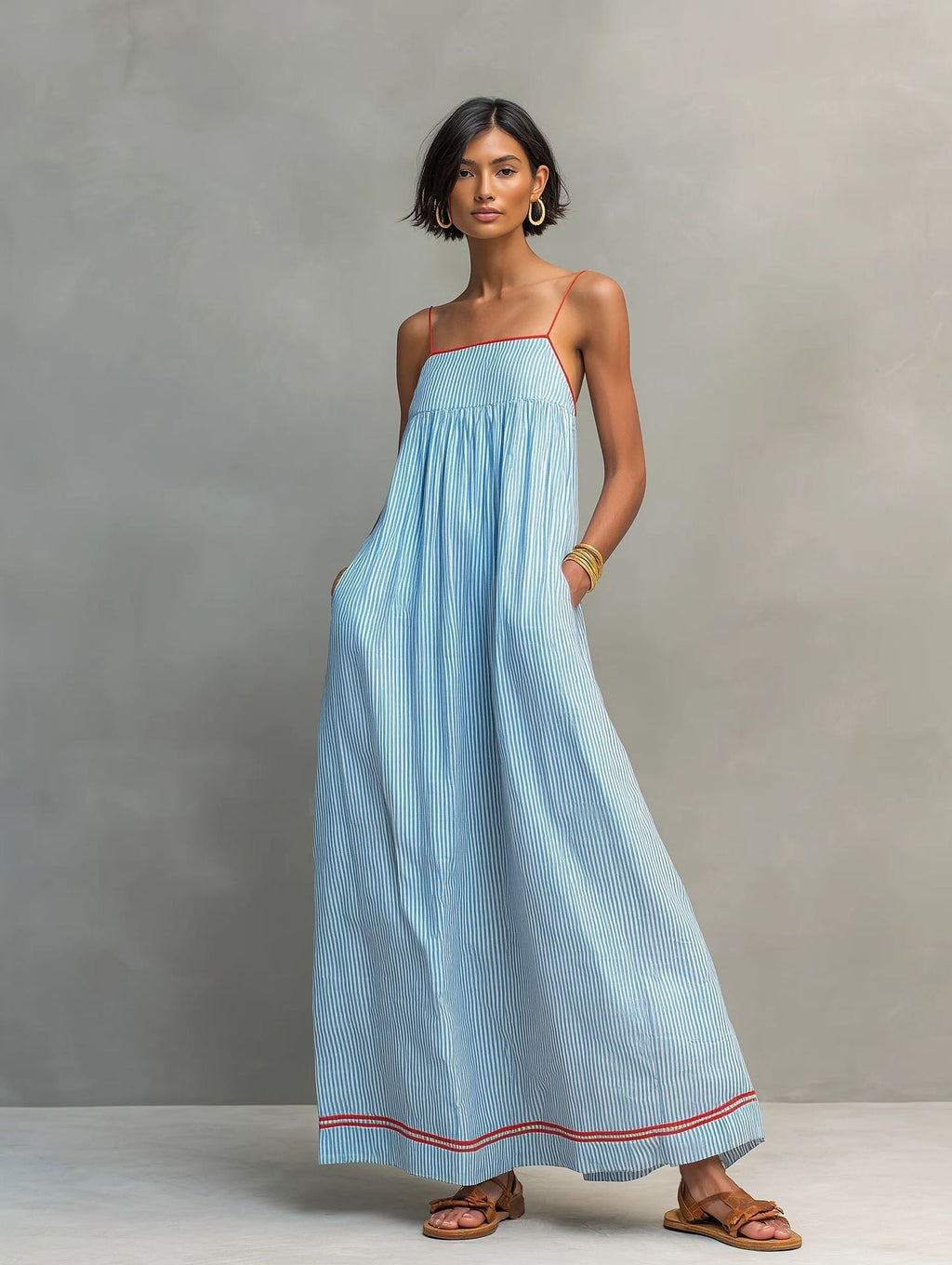 Hyselle - Robe longue femme à fines rayures et bretelles