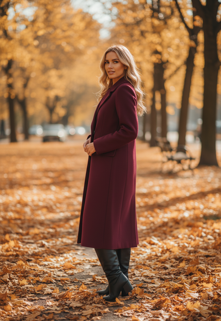 Manteau Stephanie – Élégante veste d'hiver longue couleur bordeaux.