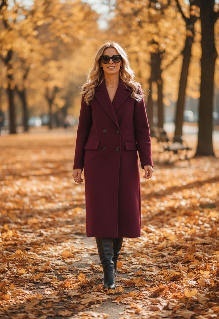 Manteau Stephanie – Élégante veste d'hiver longue couleur bordeaux.