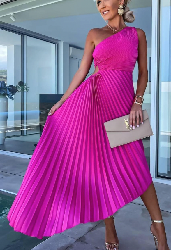Halisa - Robe de Cocktail d'Été Plissée à Une Épaule