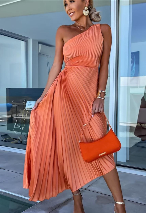 Halisa - Robe de Cocktail d'Été Plissée à Une Épaule