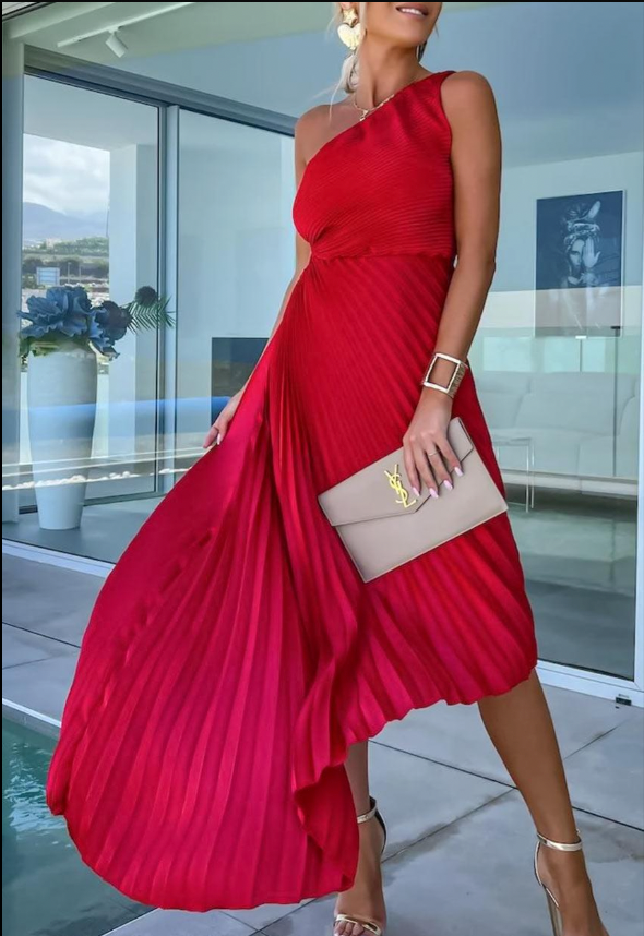 Halisa - Robe de Cocktail d'Été Plissée à Une Épaule