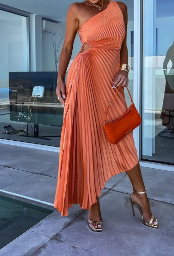 Halisa - Robe de Cocktail d'Été Plissée à Une Épaule