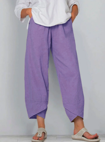 Belythia - Pantalon femme vintage asymétrique taille haute fluide avec poches