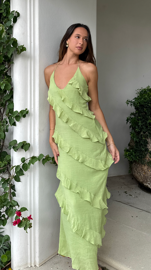 Robe longue moderne et légère avec cordon délicat au col et volants diagonaux