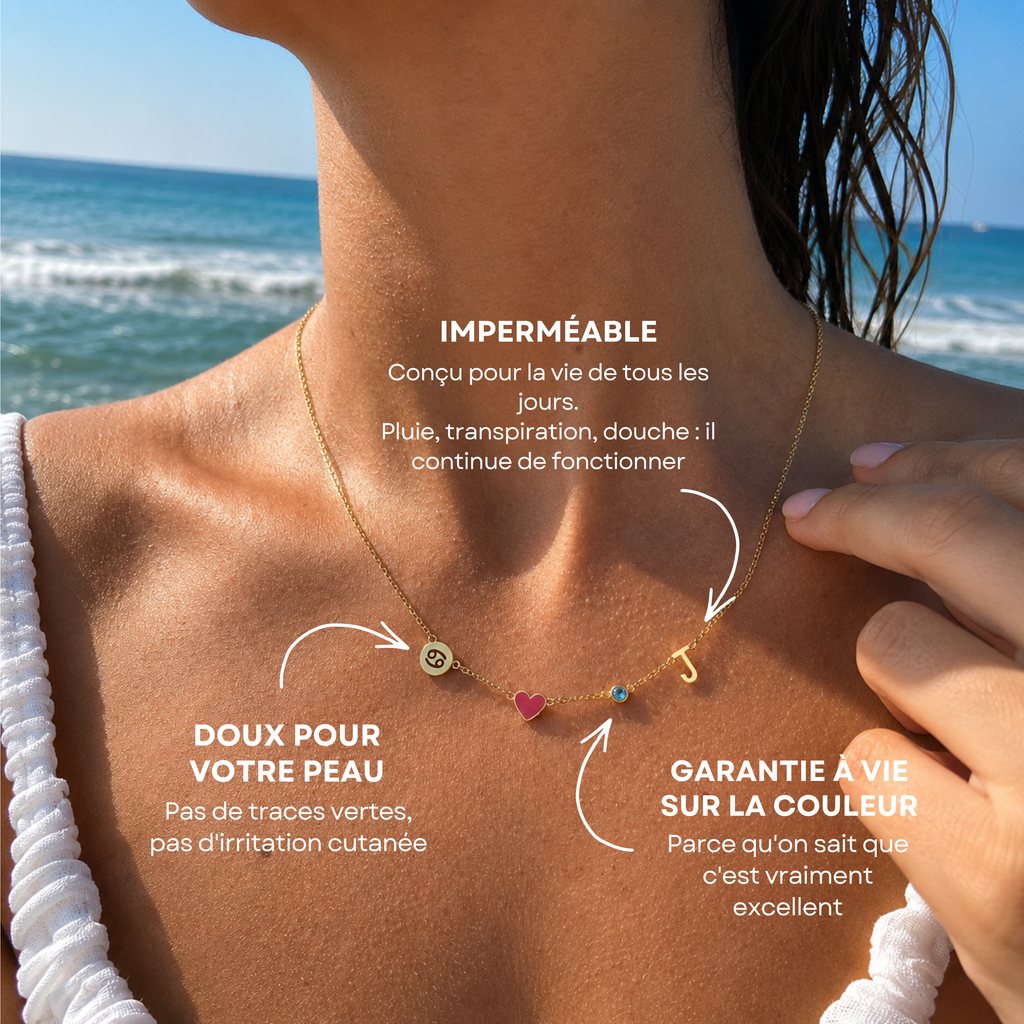 Collier avec initiale, pierre de naissance et signe du zodiaque