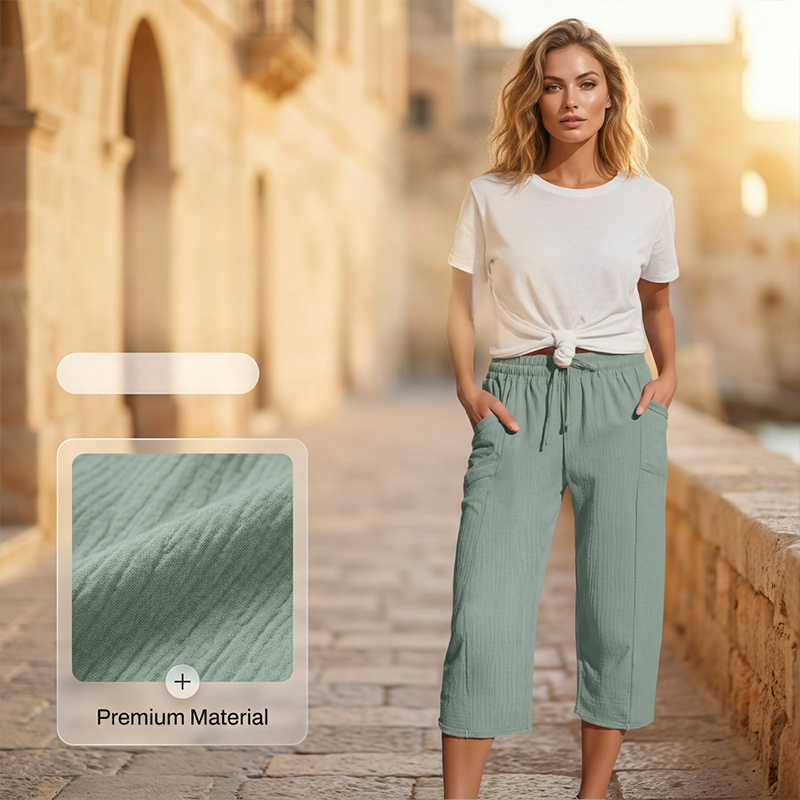Pantalon Capri Femme Léger en Coton Lin Respirant